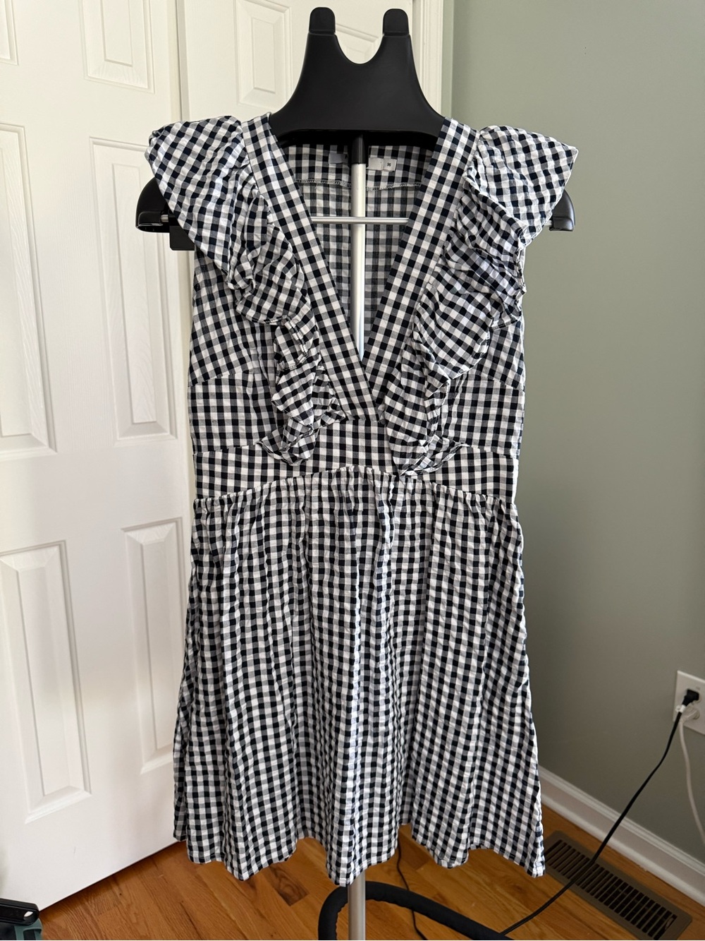 NA-KD Black White Gingham Ruffle Sleeve Mini Dress Cottagecore Size 36